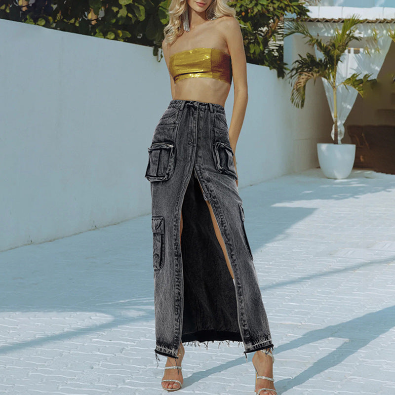 Solid Color High-Waist Front Slit Denim Skirt (7522341978200)