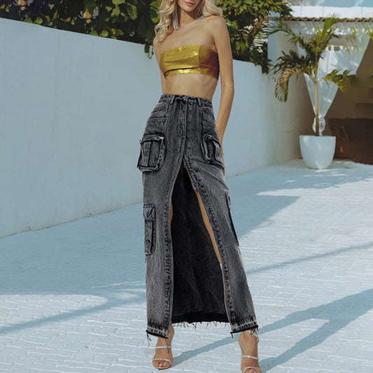 Solid Color High-Waist Front Slit Denim Skirt (7522341978200)