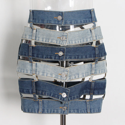 Much Denim - Color Contrast Patchwork Hollow Out Cut-Out Buckle Tools Short Skirt (7519198609496)