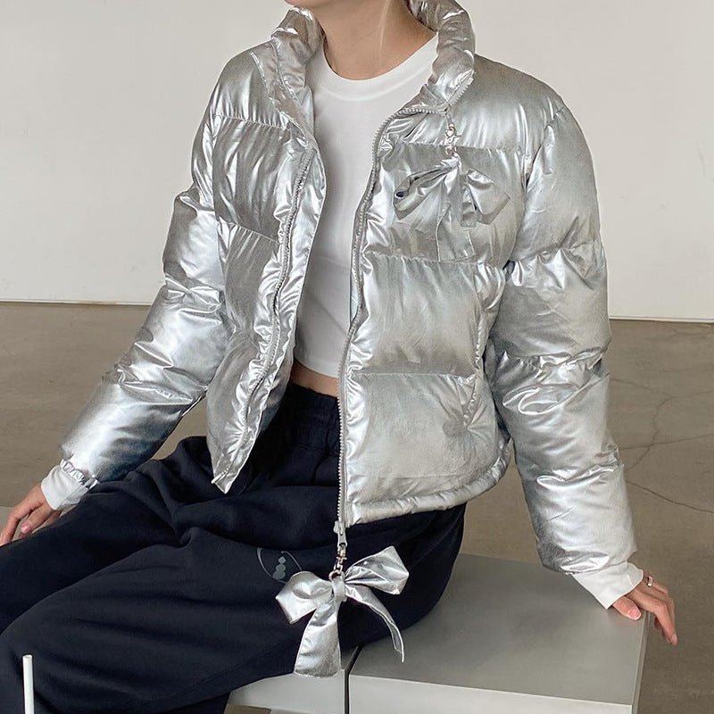 Winter Metallic Coated Fabric Thicken Thermal Puffer Jacket Coat Glossy Stand up Collar Bowknot Decorative Zipper Slim Fit Cotton Padded Jacket (7525012865112)