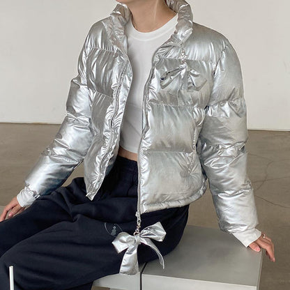 Winter Metallic Coated Fabric Thicken Thermal Puffer Jacket Coat Glossy Stand up Collar Bowknot Decorative Zipper Slim Fit Cotton Padded Jacket (7525012865112)
