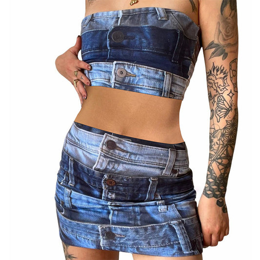Polyester Printed Denim - Cropped Tube-Top & Slim-Fit Skirt Set (7517938745432)