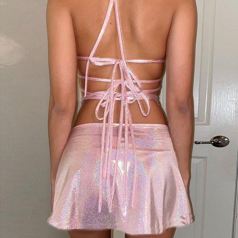 Chest Wrapped Top & Lace-Up Skirt Two-Piece Set (7524297801816)