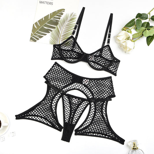 Mesh Lingerie - Hollow Out Cut-Out Mesh Lingerie Three-Piece Set (7517838311512)