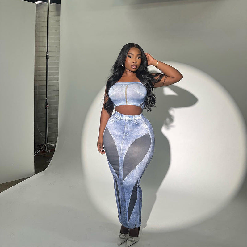 Denim Print - Denim Printed Camisole & High-Waist Slim-Fit Skirt Set (7519216992344)