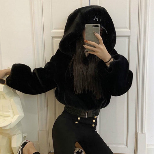 Plus-Size High-Waist Hooded Fur Coat Jacket