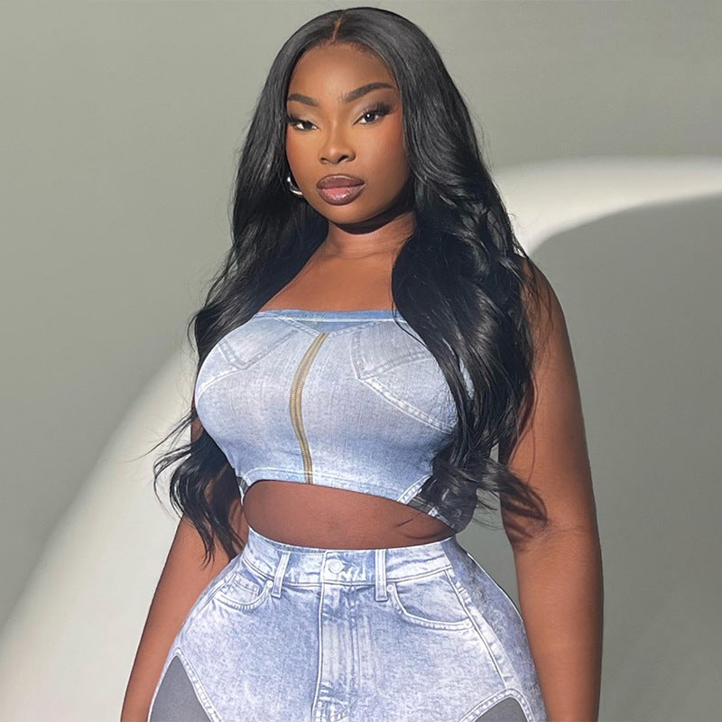 Denim Print - Denim Printed Camisole & High-Waist Slim-Fit Skirt Set (7519216992344)