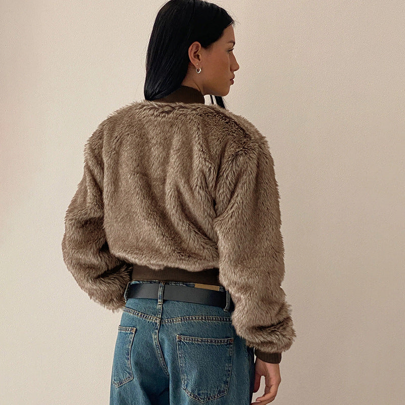 Maillard Thickened Fur Stand-Collar Zipper Coat