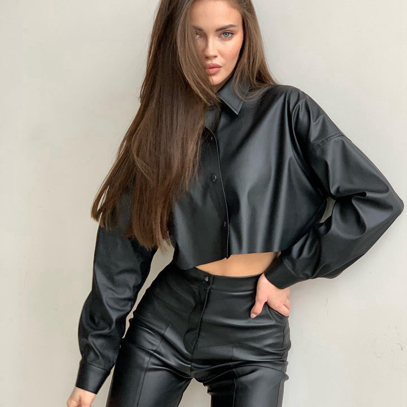 Solid Color Long Sleeves Faux Leather Cropped Batwing Shirt (7524302848088)