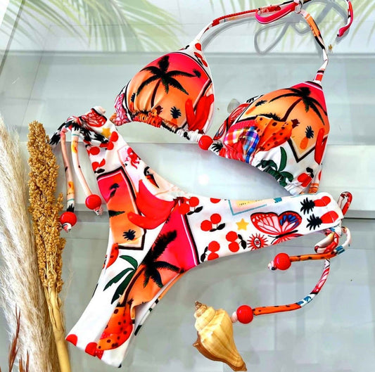 Triangle Print - Bikini Printed Detail Lace-Up Bikini (7516580708440)
