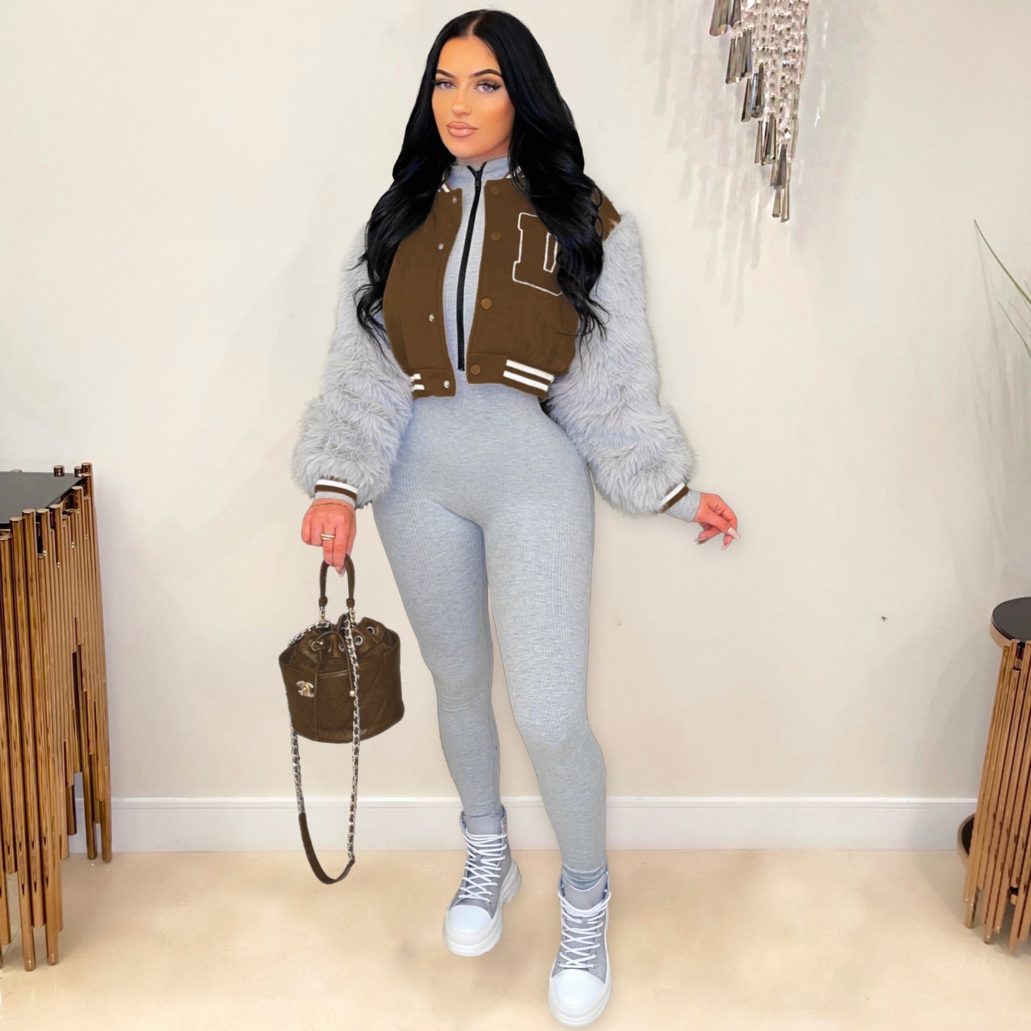 Women Clothing Casual Fur Sleeve Short Varsity Jacket (7525013389400)