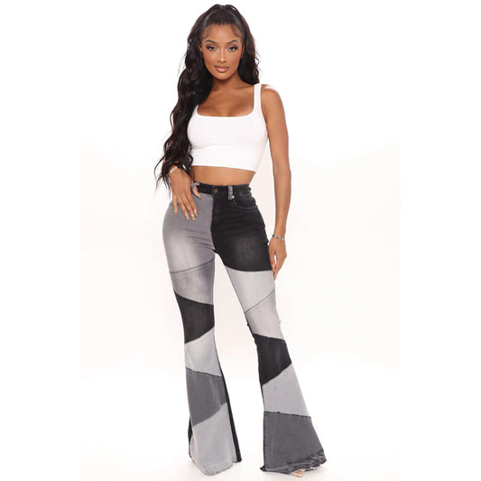 Contrast Color Stitching Wide Leg Denim Jeans