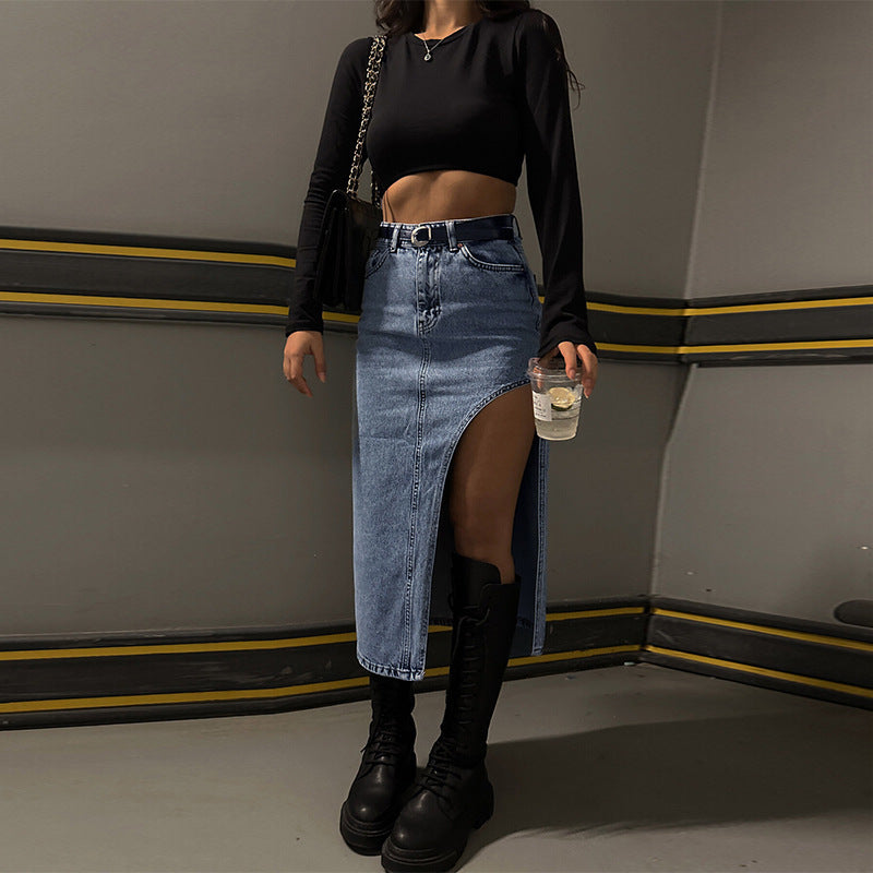 Slim Fit Side Slit Denim Skirt (7524821172312)