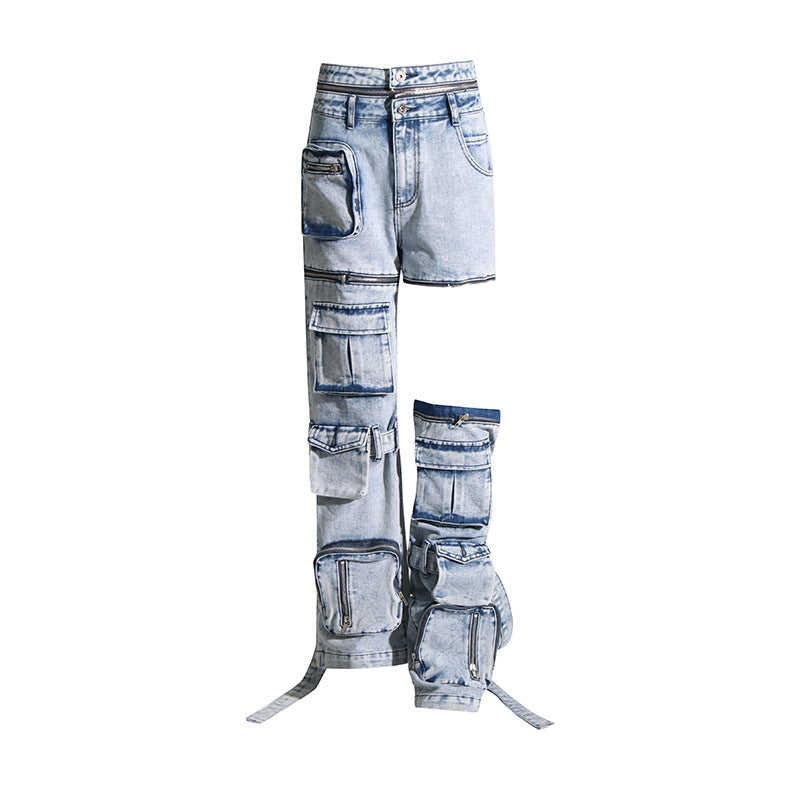 Niche Patchwork Pockets High-Waist Straight Leg Denim Jeans