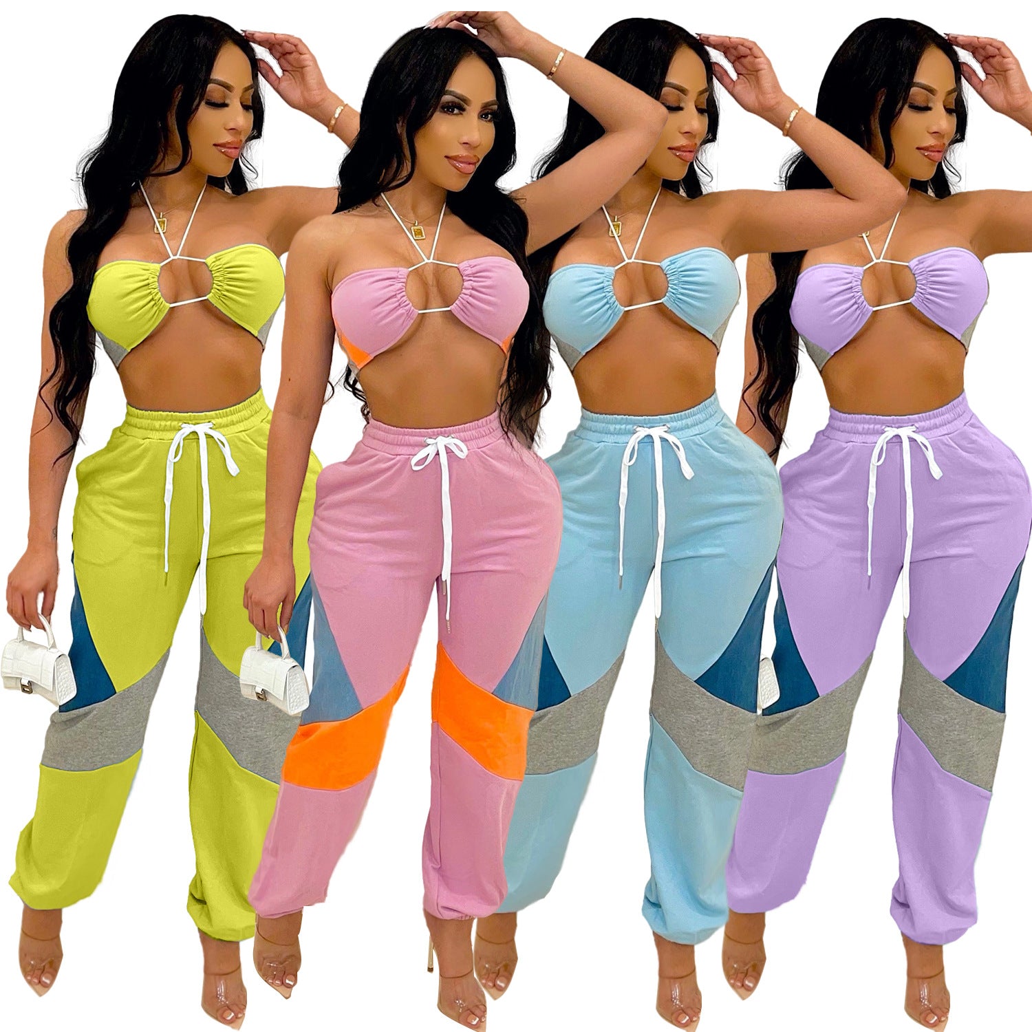 Multi-Color Mixed Colors Sling Sports Jogging Two-Piece Set (7516820471896)