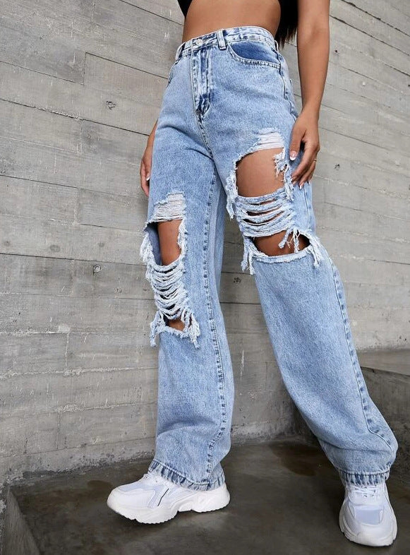 Retro High-Waist Distressed-Washed Straight Denim Jeans