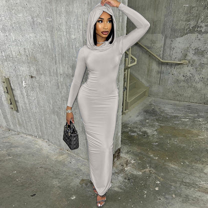 Hooded Dress - Slim-Fit Back-Slit Solid Color (7516658925656)