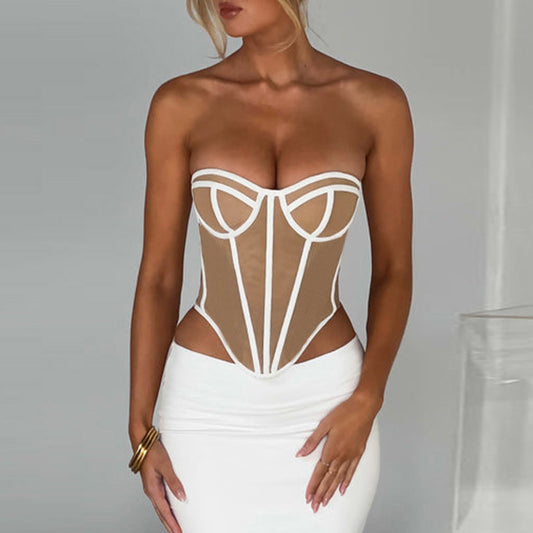Contrastic - Backless Contrast Color Lines Corset Tube Top Crop-Top (7517959094360)