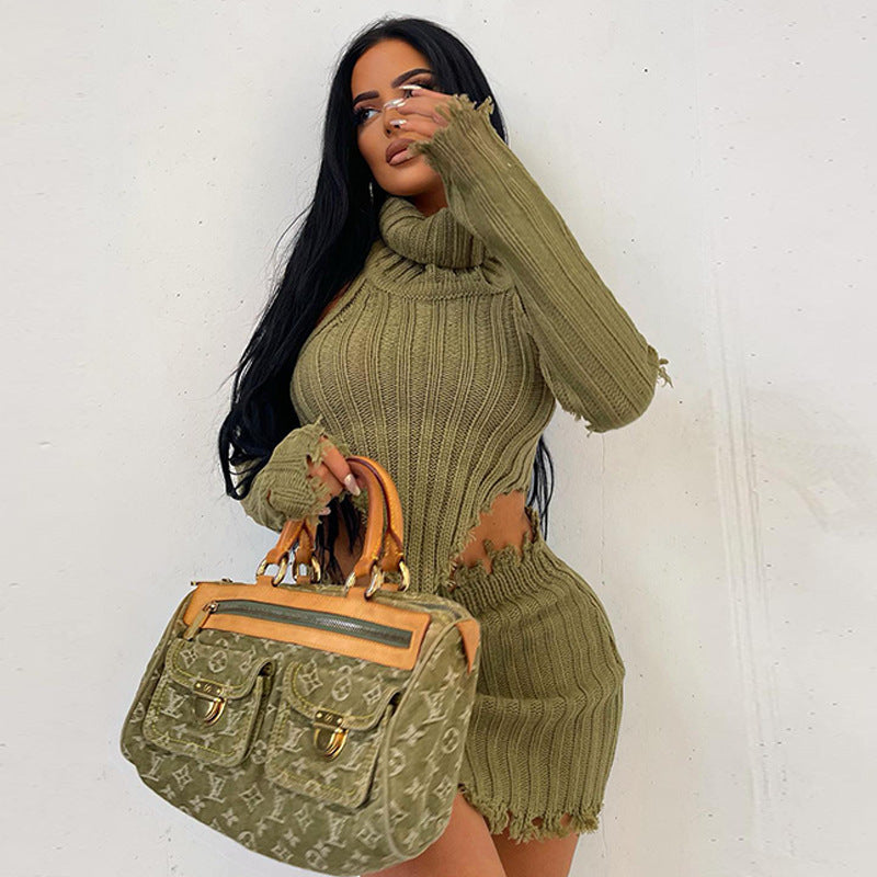 Solid Color Turtleneck Knitting Backless Sweater Hip Skirt Two-Piece Set (7524290134104)