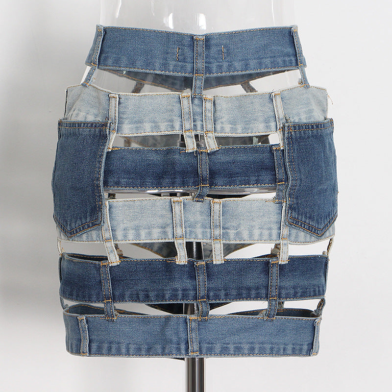 Much Denim - Color Contrast Patchwork Hollow Out Cut-Out Buckle Tools Short Skirt (7519198609496)