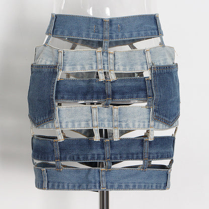 Much Denim - Color Contrast Patchwork Hollow Out Cut-Out Buckle Tools Short Skirt (7519198609496)