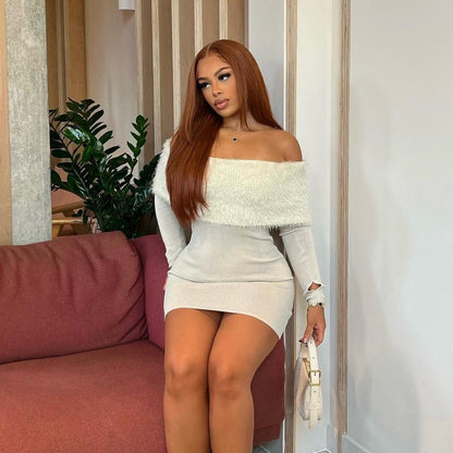 Off-Shoulder Plush - Solid Color Long Sleeves Short Dress (7516659875928)