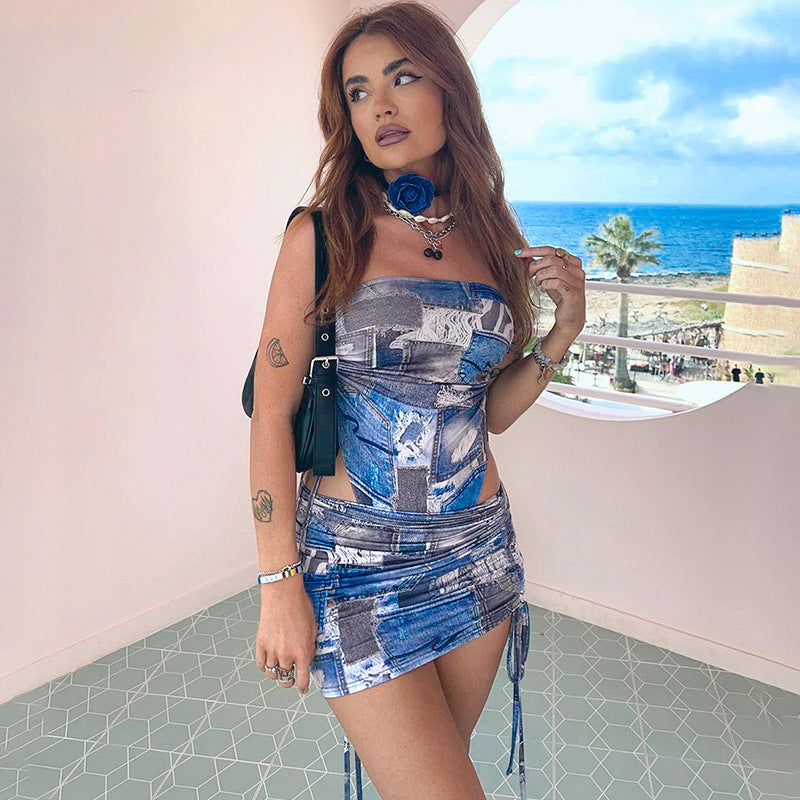 Denim Printing - Tube Top & Mid-Length Skirt Set (7519216959576)