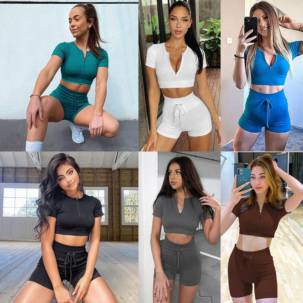 Short Sleeves Zipper & Shorts -  Drawstrings Set (7516863823960)