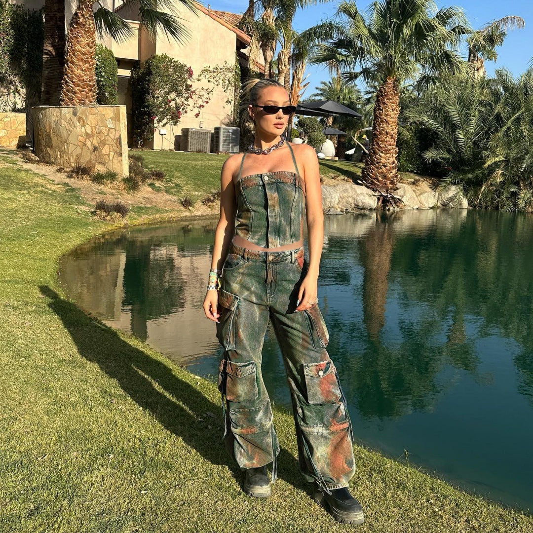 Gradient/Radiant - Gradient Color Halter Lace-Up Vest Zipper Off Neck Bandeau Sling Pants Set (7516487811160)
