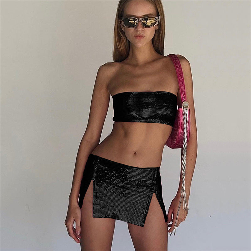 Mini Outfit - Backless Tube Top High Waist Slim-Fit Slit Skirt Set (7517613391960)