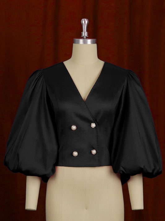 Professional Buttons - Button Cardigan Lantern Sleeve V-Neck Slim-Fit Shirt Top (7518642569304)