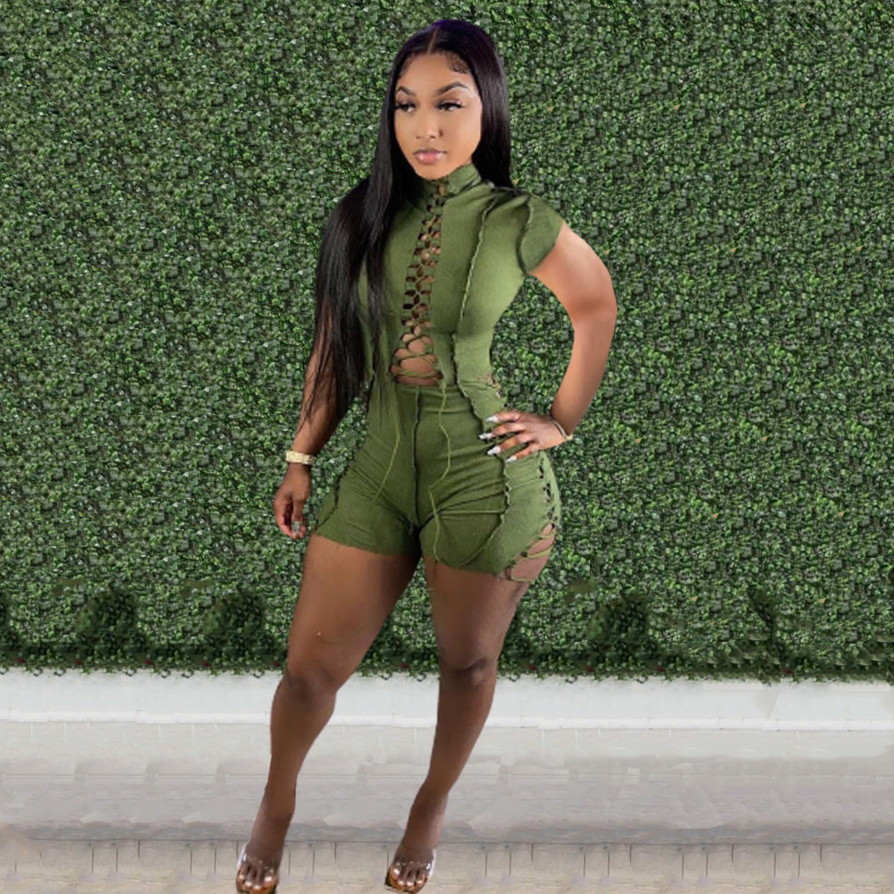 Lace-Up Rope Frayed Romper