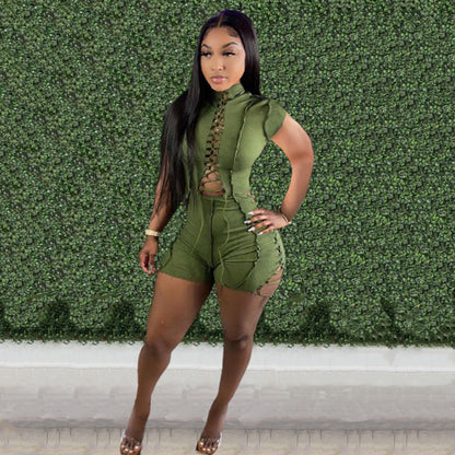 Lace-Up Rope Frayed Romper