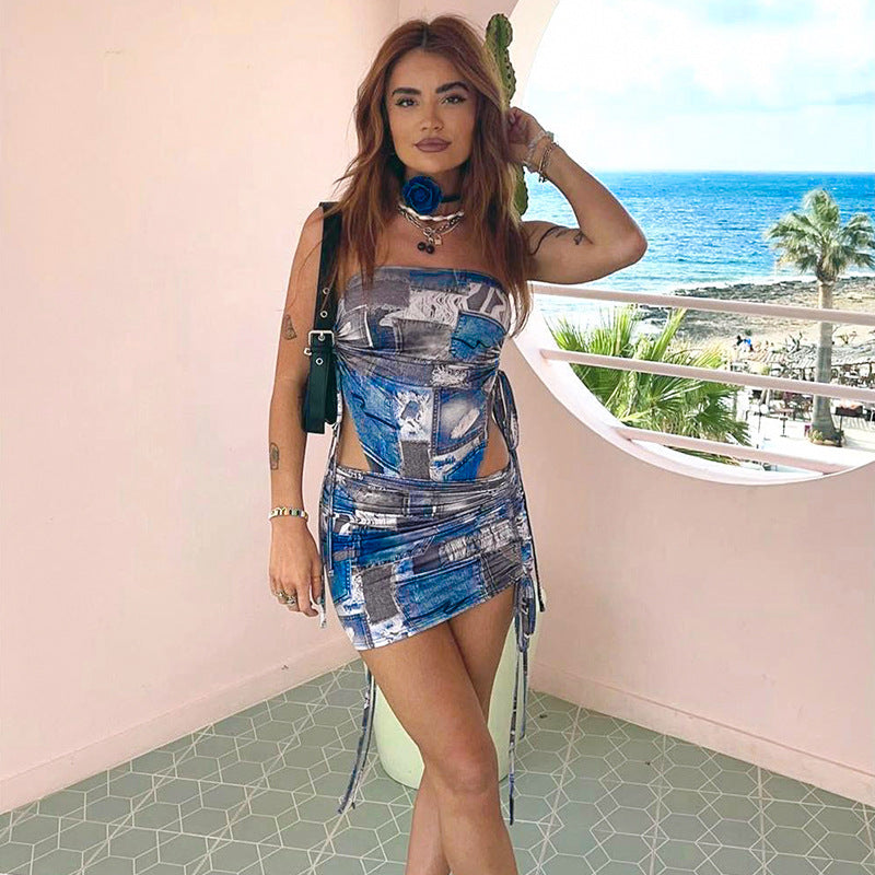 Denim Printing - Tube Top & Mid-Length Skirt Set (7519216959576)