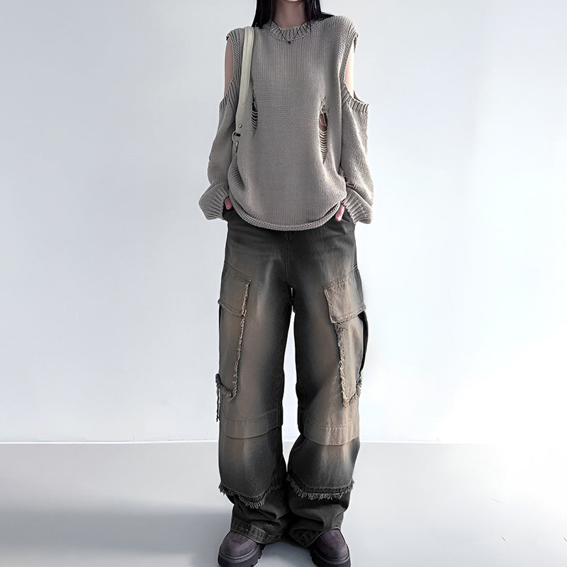Distressed Frayed-Stitching Mid-Waist Beggar Pockets-Split Denim Jeans