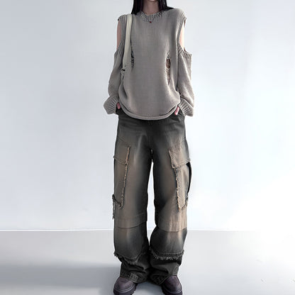 Distressed Frayed-Stitching Mid-Waist Beggar Pockets-Split Denim Jeans