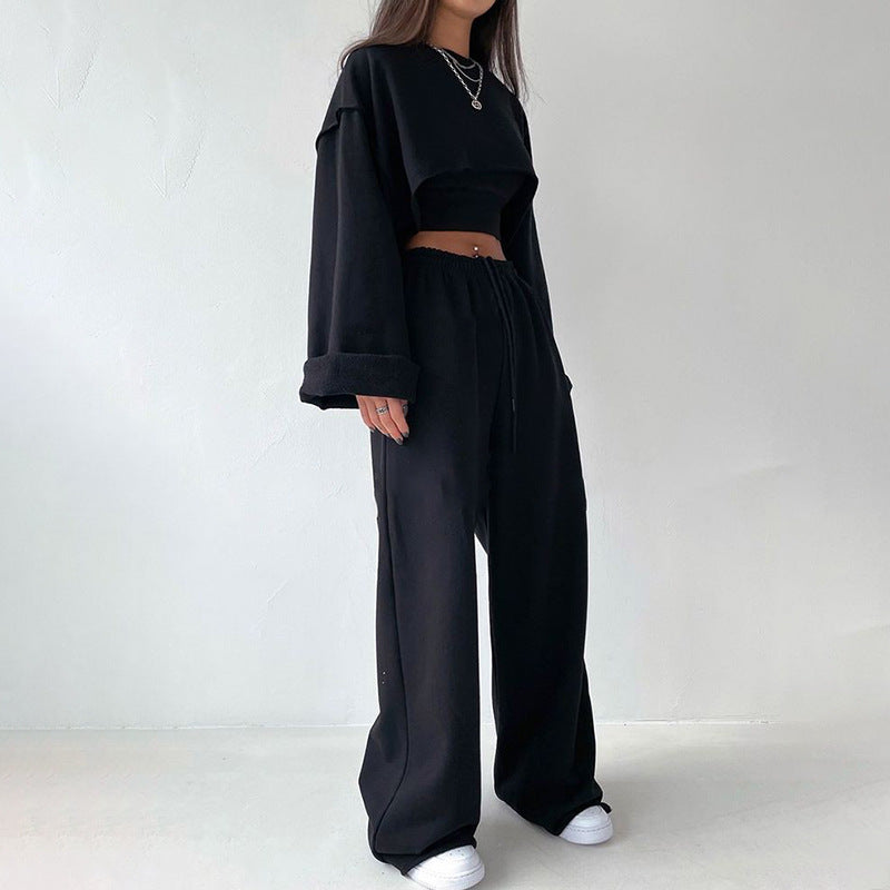 Pullover Long Sleeves Cropped Sweatshirt Sling Wide Leg Pants Three-Piece Set (7517823500376)