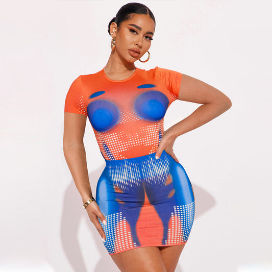 Graphic Printed Slim-Fit Skirt Romper Set