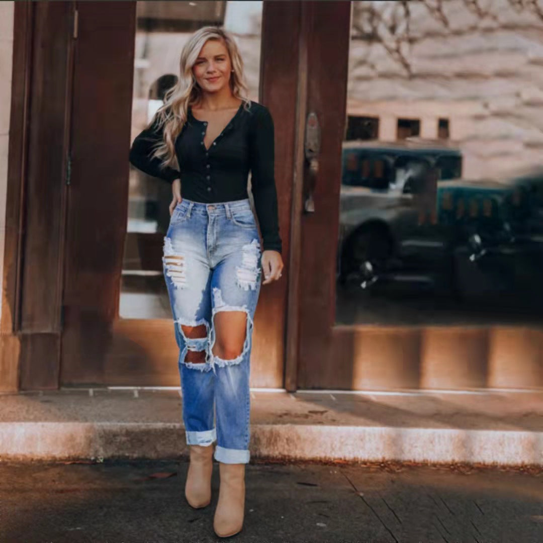 Urban Distressed Dark-Washed Mid-Waist Denim Jeans