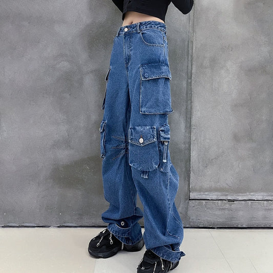 Cargo Multi-Pockets Wide Leg Denim Jeans