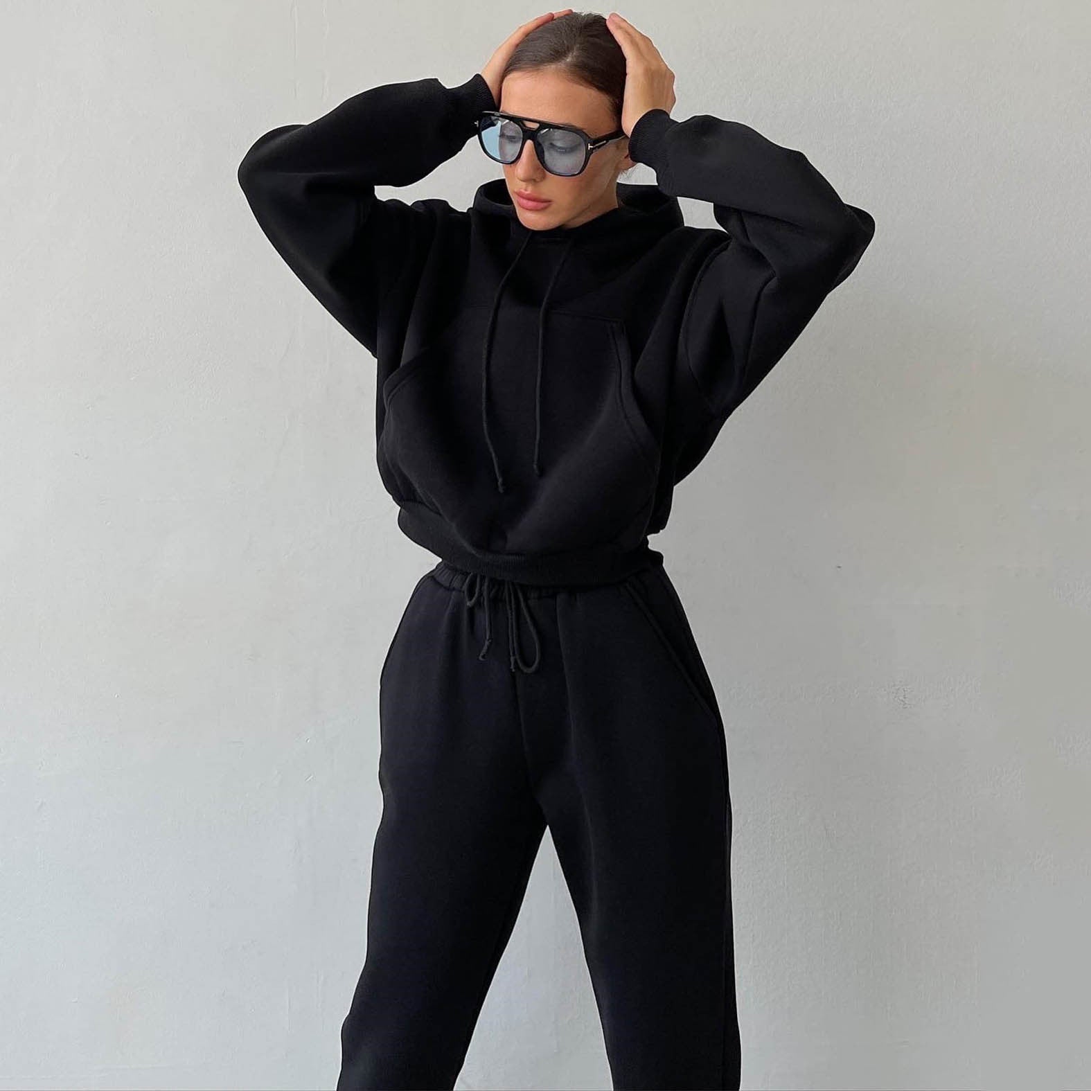 Hooded Sweatshirt & Sweatpants Two-Piece Set - Solid Color (7517801676888)