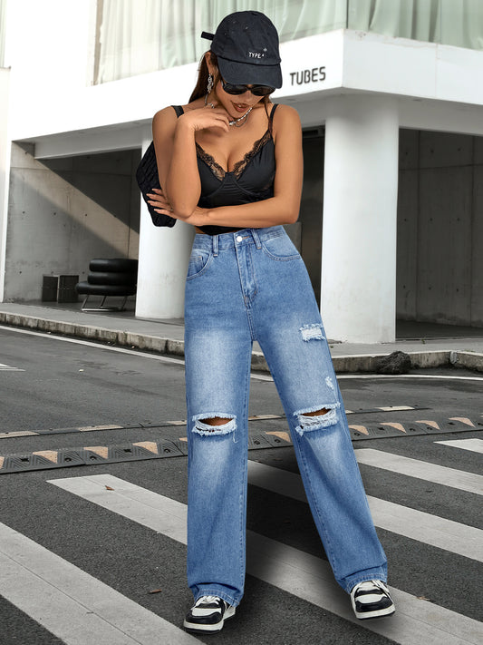 Distressed High-Waist Straight Leg Denim Jeans