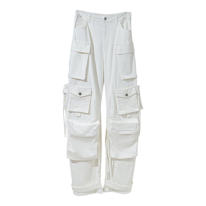 Industry Distressed-Washed Multi-Pocket Wide Leg Workwear Denim Jeans
