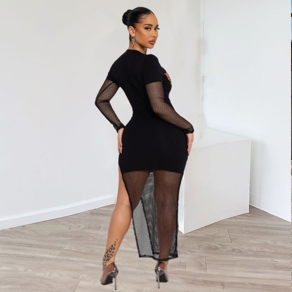 WORLD TOUR Round-Neck Long Sleeves Mesh Hollow Out Cut-Out Dress (7516661809240)