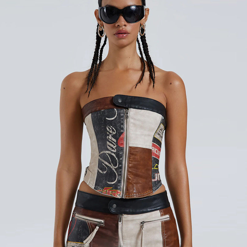 Retro Printed Off-Neck Slim Zipper Vest Tube Top (7517936320600)