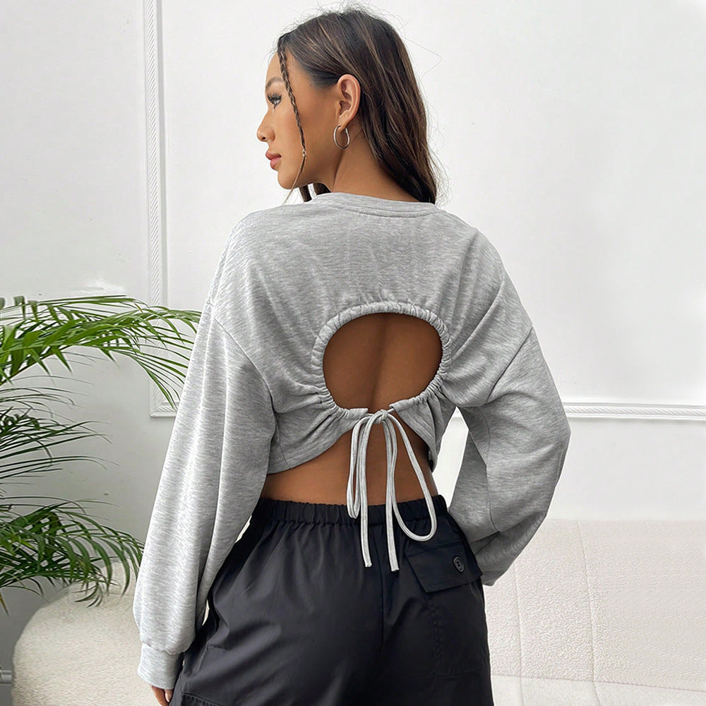 Drawstrings Open-Back Short Sweatshirt Top (7517820354648)