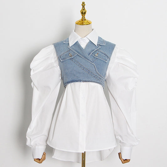 Blouse-Blouse - Solid Color Denim Lace-Up Vest Shirt Blouse (7519157583960)