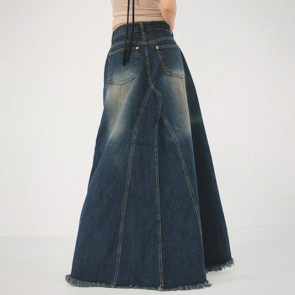 Retro High-Waist Vertical Stripe Distressed & Frayed Fishtail Denim Skirt (7522342076504)