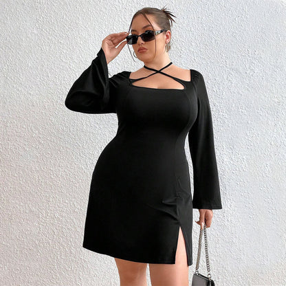 Plus-Size Long-Sleeves Tie-Back Tight Dress (7516664168536)