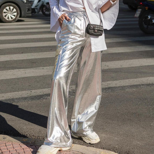 Metallic Coated High-Waist Faux Leather Pants
